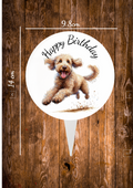 Golden Doodle dog Cake topperCircular aluminium cake topper ,the front has a baby deer in a cartoon style on with the text happy Birthday and the back is plain silve