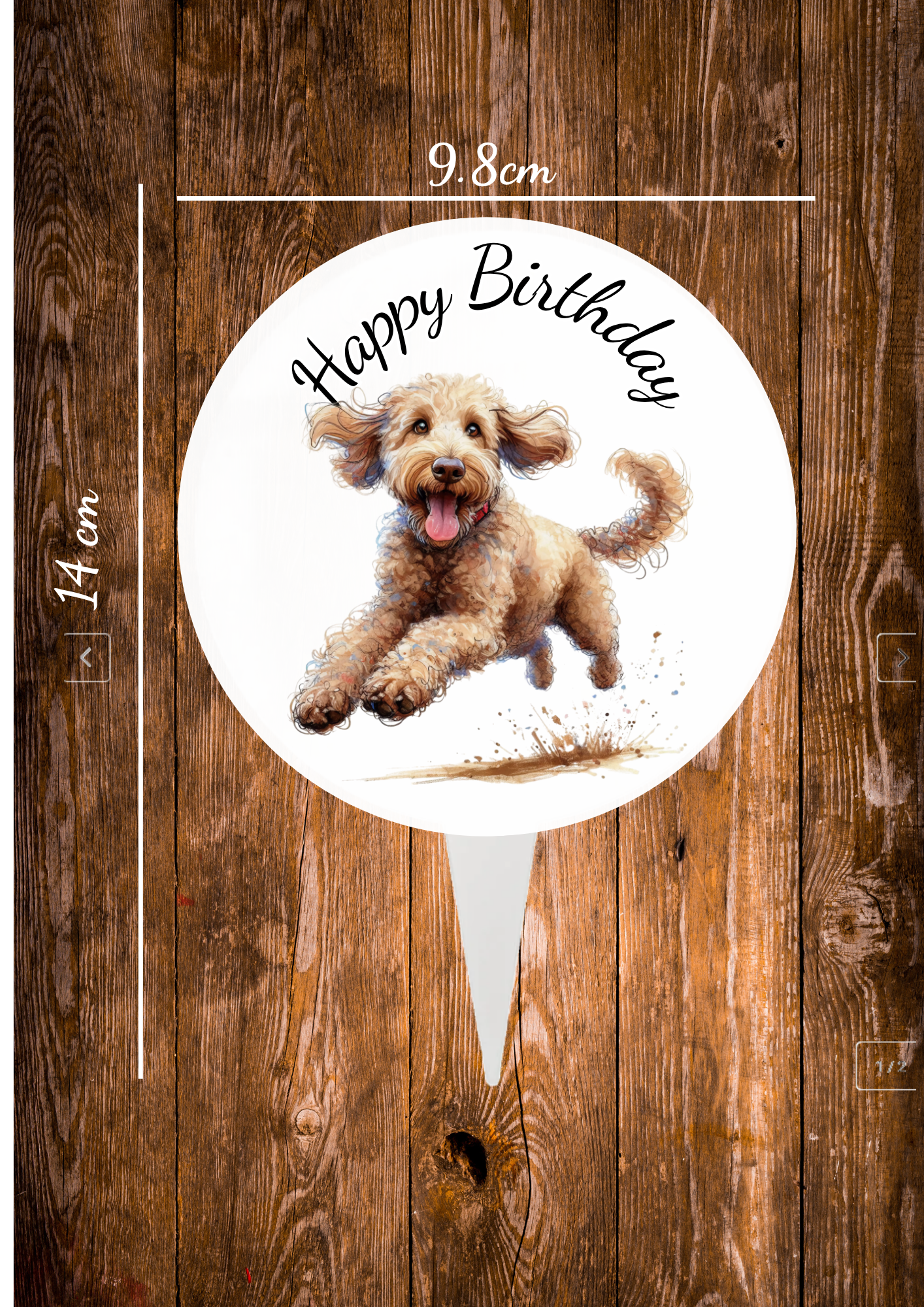Golden Doodle dog Cake topperCircular aluminium cake topper ,the front has a baby deer in a cartoon style on with the text happy Birthday and the back is plain silve