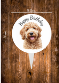 Golden Doodle dog ircular aluminium cake topper ,the front has a baby deer in a cartoon style on with the text happy Birthday and the back is plain silver Design 2