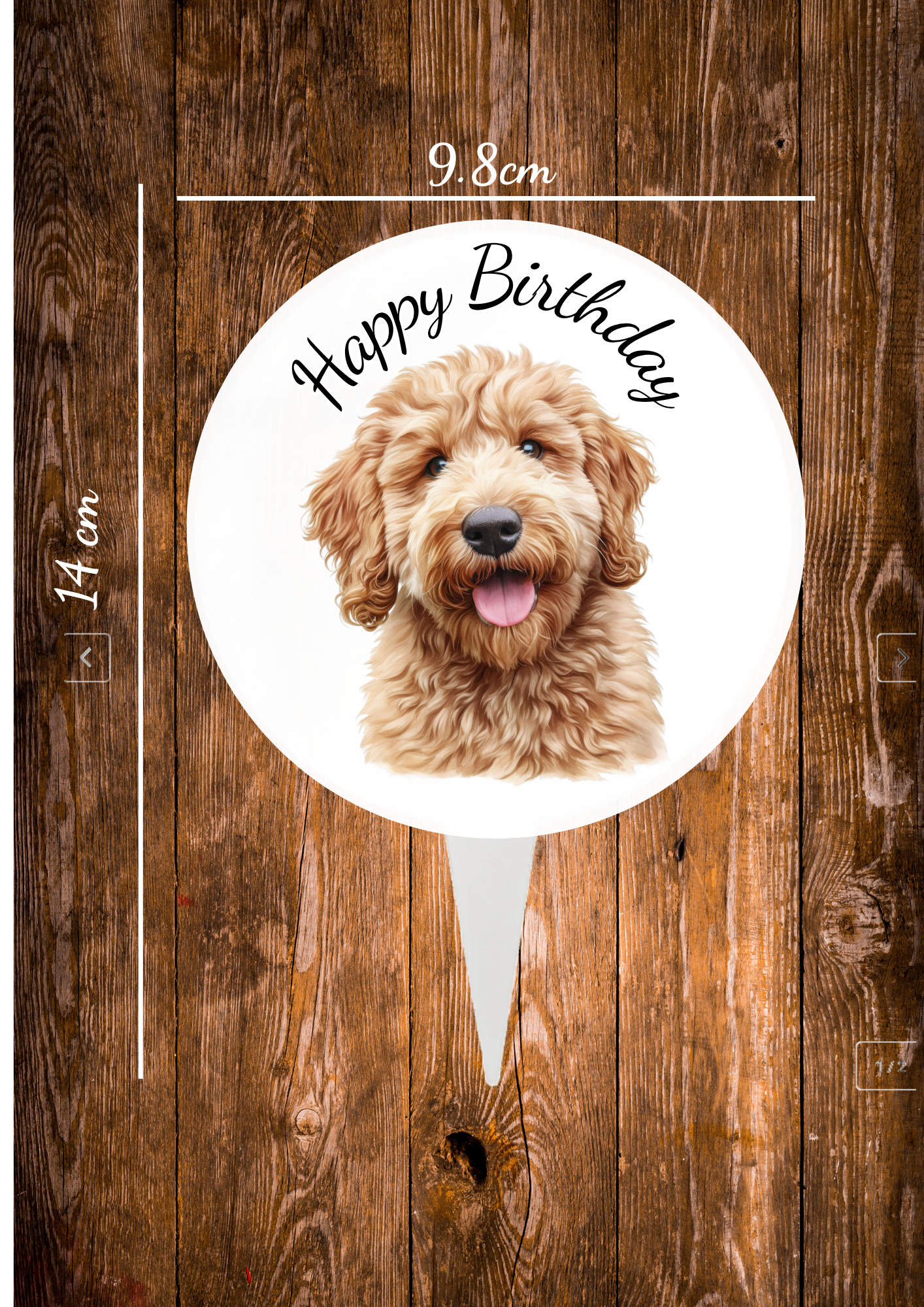 Golden Doodle dog ircular aluminium cake topper ,the front has a baby deer in a cartoon style on with the text happy Birthday and the back is plain silver Design 2