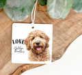 A 8.1 cm Air freshener in a square shape printed with a golden doodle dog face and the text love golde doodles on