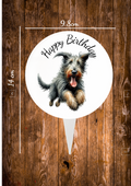 Cartoon style cake topper with a irish wolfhound dog on and the text happy Birthday,the cake topper is 9.8cm by 14 cm and is designed on one side while the back is silver