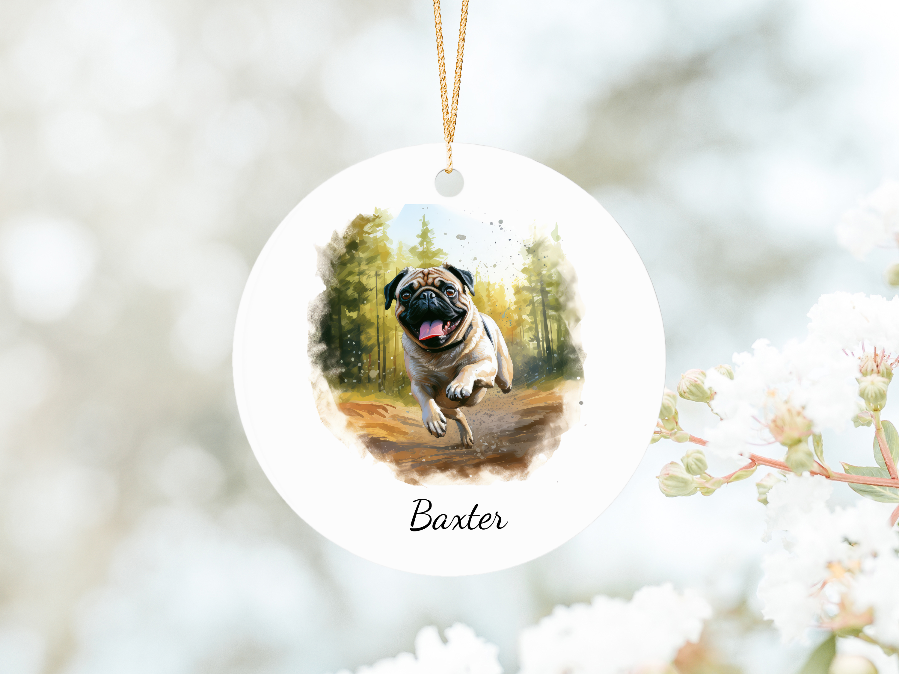 Fawn Pug Running  Dog Hanging Ornament