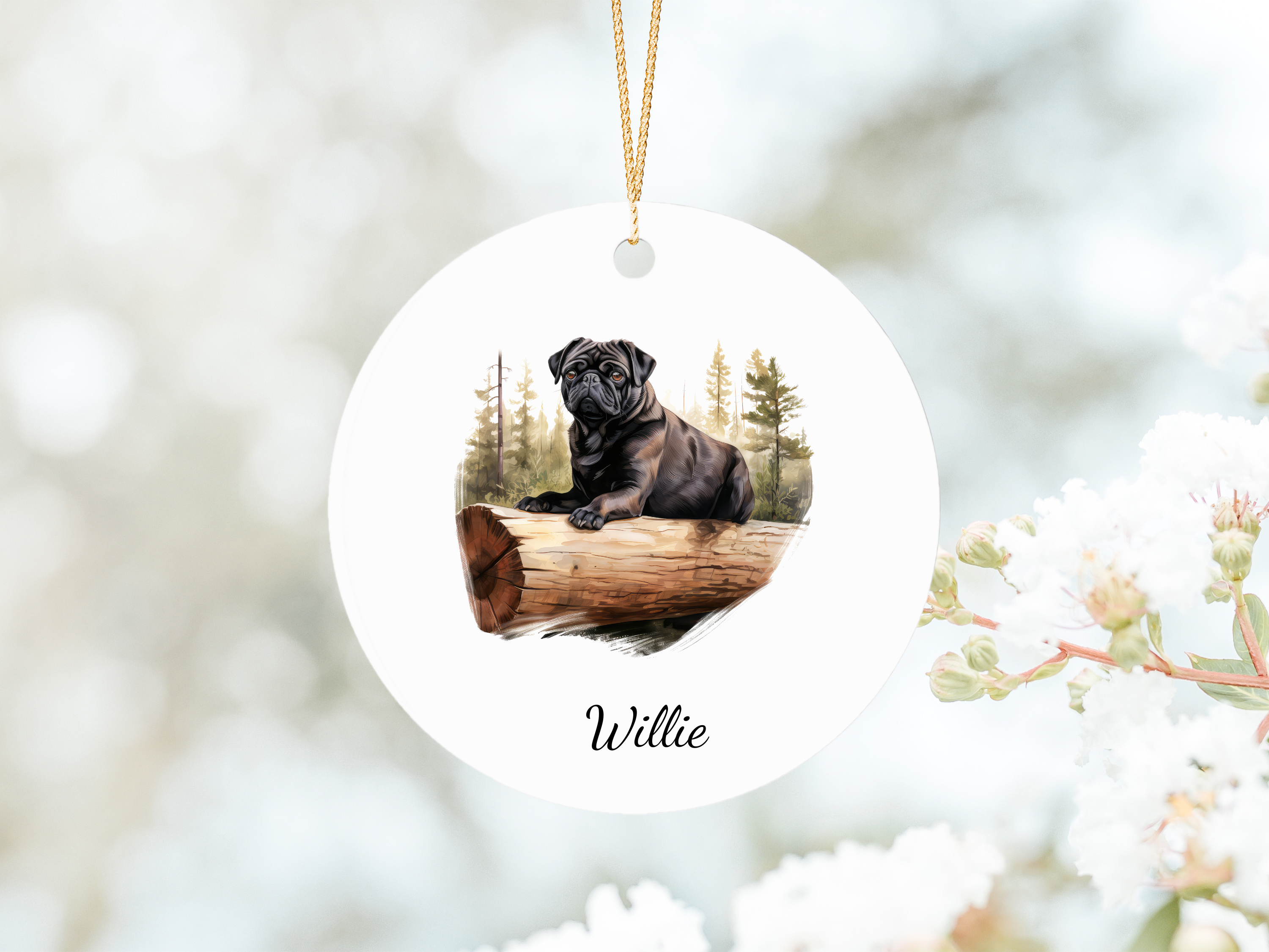 Black Pug  woods Dog Hanging Ornament