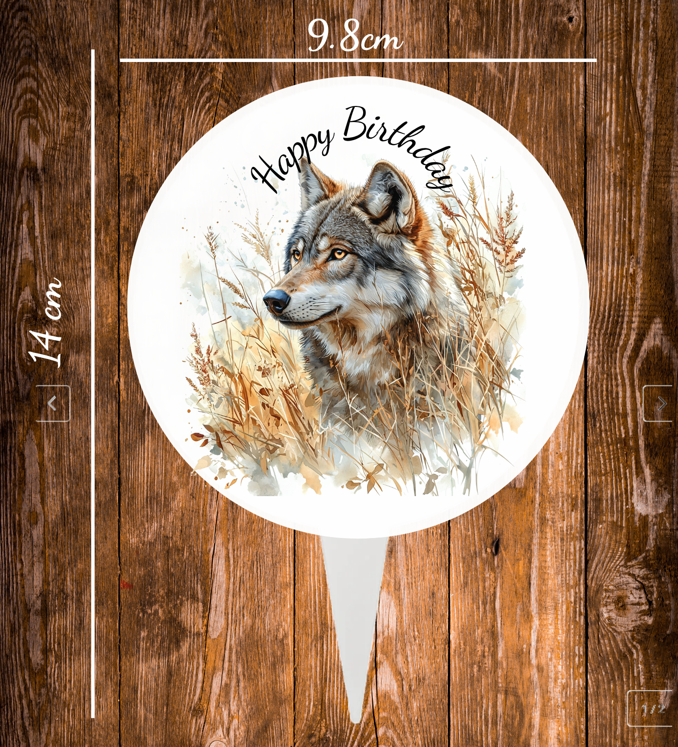 Cartoon style cake topper with autumn wolf  on and the text happy Birthday, the cake topper is 9.8cm by 14 cm and is designed on one side while the back is silver